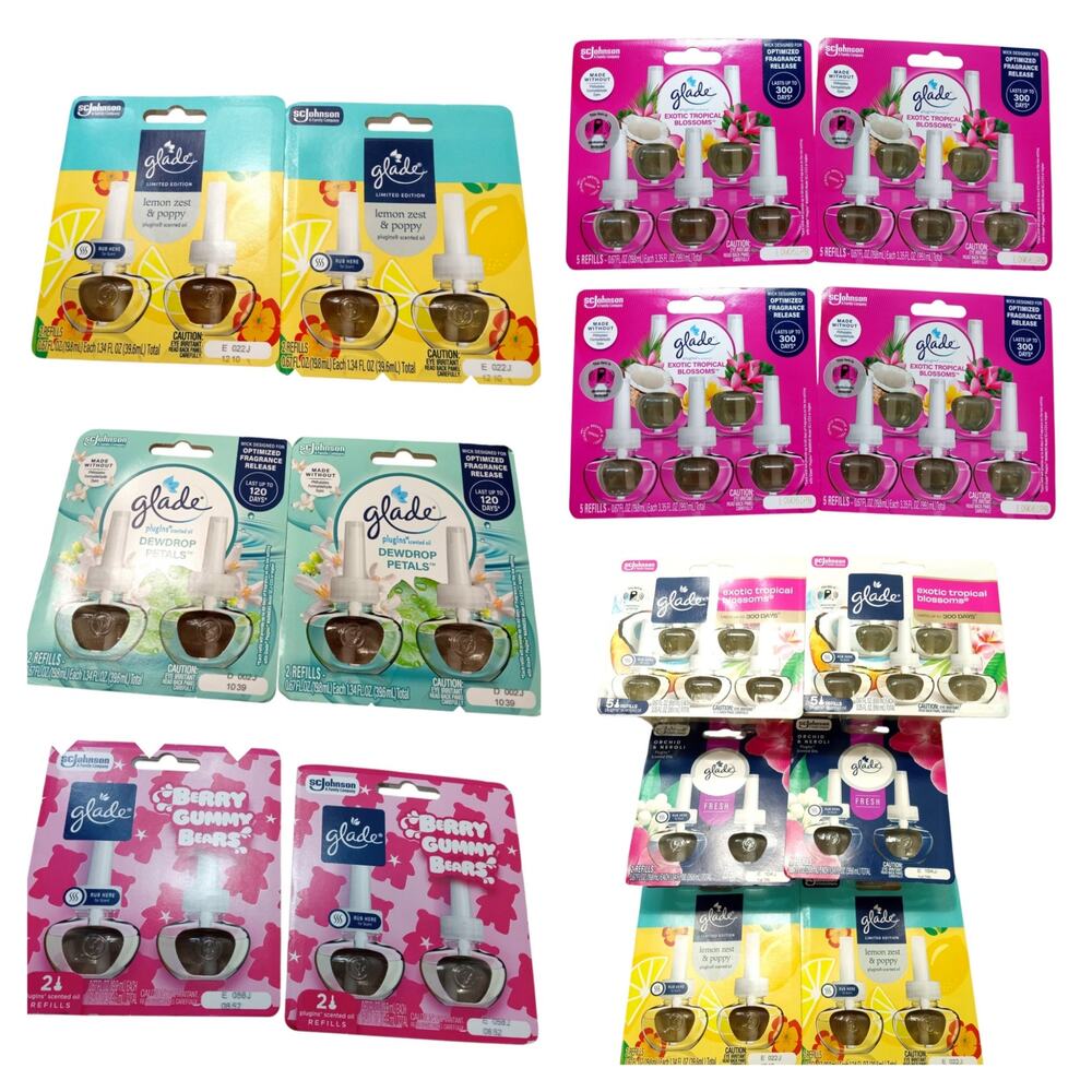 50 Glade Plug-In Scented Oil Refills Assorted Scents Dewdrop Petals & More